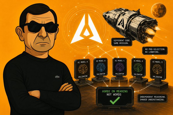 The image illustrates the GenLayer concept of diverse AI validator consensus, showing a figure in sunglasses next to a spacecraft labeled "DIFFERENT CODE, SAME MISSION," with five distinct AI models (A through E) labeled as "VALIDATOR" and text emphasizing "NO PRE-SELECTION, NO LOBBYING" and "AGREE ON MEANING NOT WORDS."

The visual reinforces the post's point about using dissimilar code paths to prevent single-point failures—mirroring how spacecraft redundancies use different flight software, GenLayer applies this principle to AI judgment by running multiple independent validators (Models A-E) that must reach "INDEPENDENT REASONING, SHARED UNDERSTANDING" rather than converging on identical outputs.