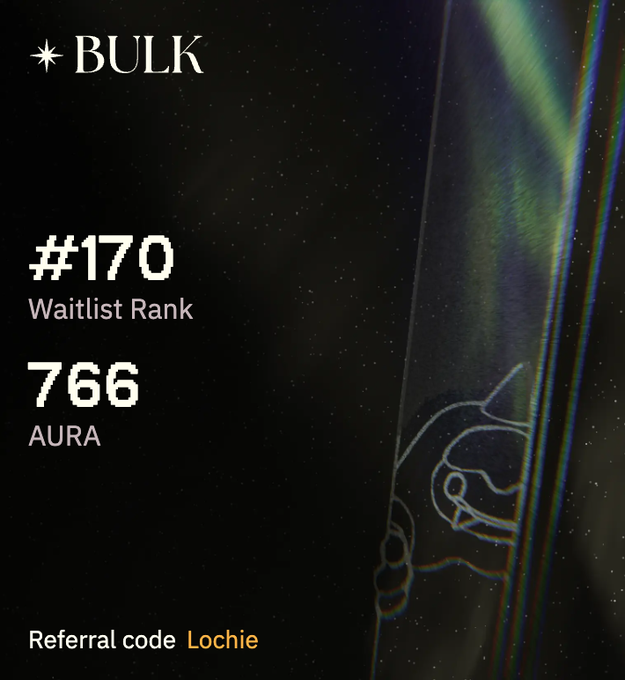 The image shows a promotional banner for the bulk trade website. It features a black background with white text, including information about an aura drop, which is worth 1D (100 hours) or 1 Aura (55 AURA per 100 dollars), depending on when you deposit your currency. The website offers a code, Lochie, to receive a 10% discount for the first aura drop, and rewards up to 55AURA if you participate in this activity. If you refer someone to this site, you can get a 25% reward, or if they purchase an aura at full price, both participants will share the 5% reward based on their deposits.