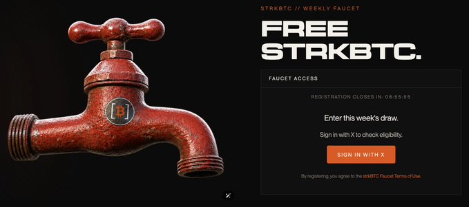 A promotional webpage for "STRKBTC // WEEKLY FAUCET" offering "FREE STRKBTC," featuring a large image of a red faucet and a "SIGN IN WITH X" button.