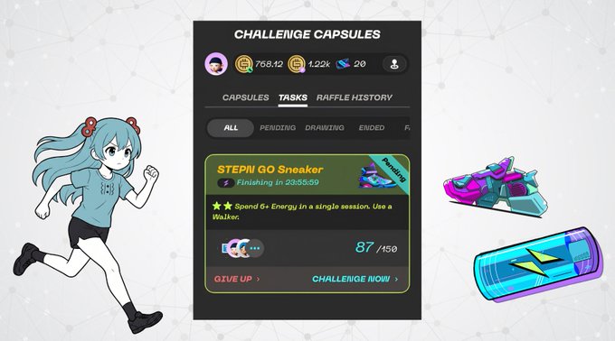 The image shows a screen displaying a challenge capsule for a video game called "Challenge Capsule." The game's objective is to consume energy drinks, which are available in various flavors like "Sprint," "Gatorade," and "Powerade," among others. Players can earn lottery tickets by completing tasks within the game, such as consuming different types of energy drinks or collecting specific shoe styles. The post encourages players to collect these energy drink-related items to win the challenge.
