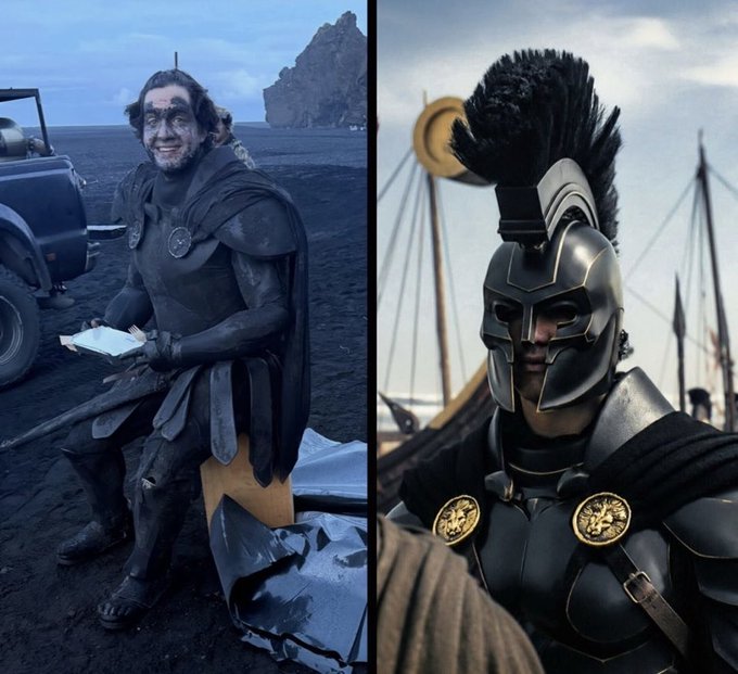 A side-by-side image shows an actor in full costume and makeup as a Spartan warrior in his finished, intimidating armored look (right), contrasted with a behind-the-scenes shot of the same actor looking exhausted and disheveled in his undersuit on a black sand set (left), humorously illustrating the relatable "me vs. how I look to crypto bro coworkers" meme.