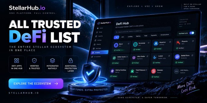 A promotional banner for StellarHub.io advertising an 'ALL TRUSTED DeFi LIST' for the Stellar ecosystem, featuring a laptop displaying verified DeFi apps and the tagline 'More DeFi, Less Risk.'