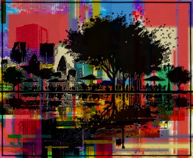 A vibrant, glitch-art style illustration depicts a silhouette of a tree and people with umbrellas against a chaotic red, blue, and yellow background.