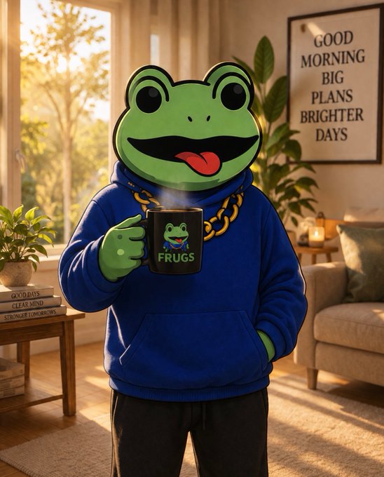 A 3D-rendered cartoon frog character wearing a blue hoodie and a gold chain, holding a steaming black mug labeled 'FRUGS' in a cozy sunlit living room setting with a 'GOOD MORNING BIG PLANS BRIGHTER DAYS' sign on the wall.