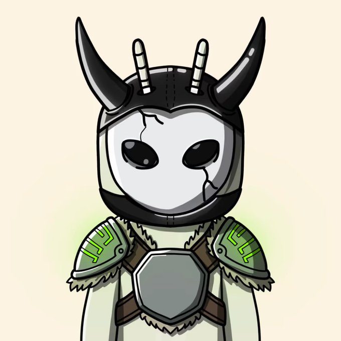 A cartoon illustration depicts a character wearing a cracked horned helmet with a blank white face mask and fur-trimmed green shoulder armor.