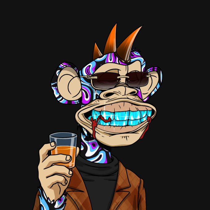 A vibrant digital illustration of a stylized ape or monkey character with spiky orange hair, purple swirled skin, and gold-rimmed sunglasses, grinning widely while holding a glass of amber liquid against a dark background.