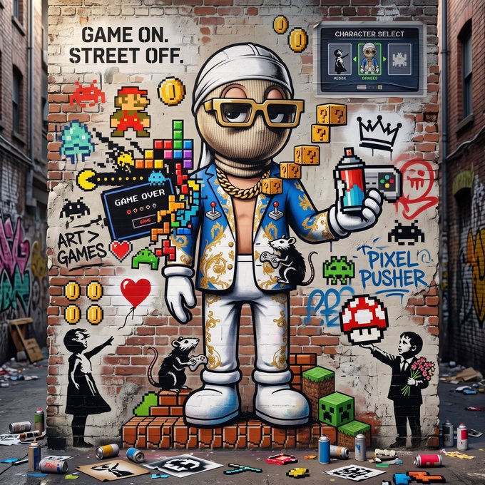 Vibrant street art/graffiti on a brick wall featuring a cartoon character with a beanie and sunglasses surrounded by retro gaming elements like Space Invaders, Pac-Man, and Mario, with text reading 'GAME ON. STREET OFF.' and 'ART > GAMES'.