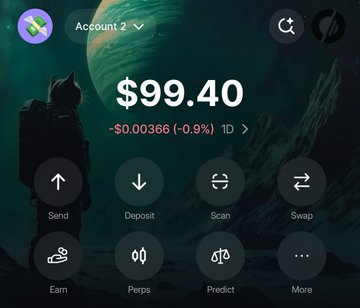 A cryptocurrency wallet interface displaying a balance of $99.40 (Account 2), with options for Send, Deposit, Scan, Swap, Earn, Perps, Predict, and More.