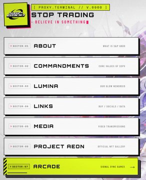 A webpage navigation menu styled as a retro terminal interface with sections for ABOUT, COMMANDMENTS, LUMINA, LINKS, MEDIA, PROJECT REON, and ARCADE.