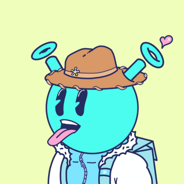 A cartoon cyan character wearing a brown cowboy hat, sunglasses, and a denim jacket, sticking out its tongue with blue halo-like rings floating above its head.