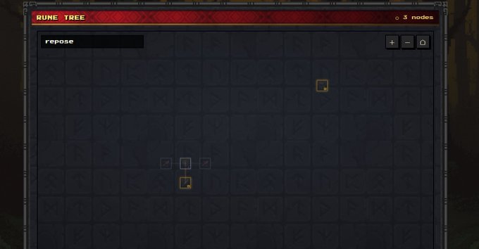A "Rune Tree" menu interface from a game displays the "repose" rune selection with 3 nodes available, matching the post's reference to "Rune of Repose" which enables offline earnings for the $HERO token.