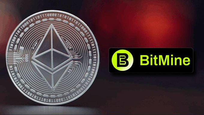 The image features an etherium coin, which has been edited with a green border and yellow text that reads "BITMINE" above it. The coin is placed against a dark background, making it stand out prominently. Below the coin, there's a black and white image of a computer screen displaying the Bitcoin logo and the word "BITMINE". This combination of elements creates an interesting visual contrast between the digital currency symbol and the physical coin.

The text "BITMINE" is positioned above the coin, while the Bitcoin logo is displayed below it. The background color appears to be red or pinkish-red, which complements the green border on the coin. This design choice highlights the connection between the digital world of cryptocurrency and the physical representation of the coin itself.
