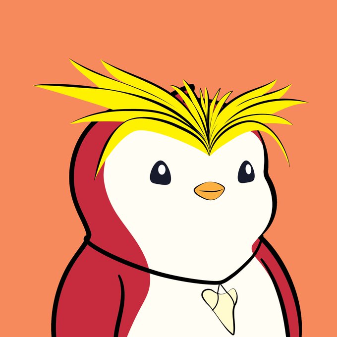 A cartoon illustration of a white penguin-like character with wild yellow spiky hair, an orange beak, and a red body, wearing a tooth-shaped necklace against an orange background.