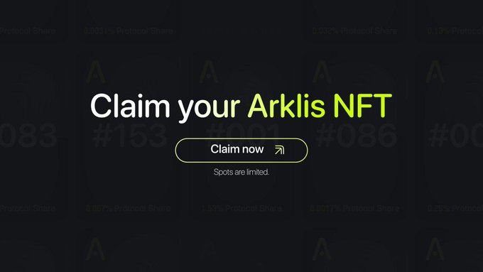 A dark webpage promoting an NFT giveaway displays the headline "Claim your Arklis NFT" alongside a "Claim now" button and the note "Spots are limited," with faint background text showing numbered NFTs (#153, #381, #086) and protocol share percentages. The image serves as a visual call-to-action for the Arklis airdrop mentioned in the accompanying post, encouraging users to connect their X account and claim their free NFT.