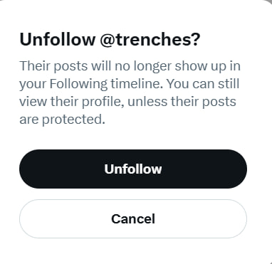A mobile confirmation dialog asking "Unfollow @trenches?" with text explaining posts will no longer appear in the following timeline, alongside Unfollow and Cancel buttons. This relates to the post about unfollowing the @trenches account, presumably in a show of disapproval or commentary regarding the account's opinions on Solana products.