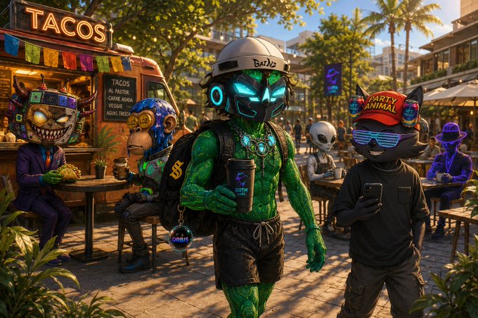 A vibrant street scene featuring anthropomorphic characters including a green-skinned figure with a glowing mask, a cat wearing a 'PARTY ANIMAL' cap and LED shutter shades, and other figures gathered near a colorful taco stand with a menu listing 'TACOS AL PASTOR, CARNE ASADA, VEGGIE, AGUAS FRESCAS'.