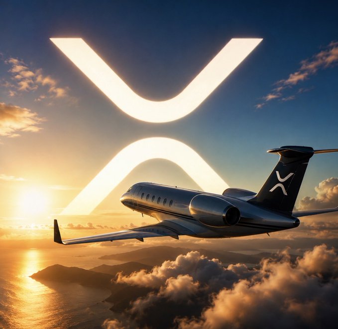 A sleek private jet soars above clouds at sunset, with the XRP logo glowing in the sky behind it, symbolizing an aspirational escape from market watching. The luxurious getaway imagery playfully contrasts with the post's admission that staying away from the charts during a holiday is unlikely.