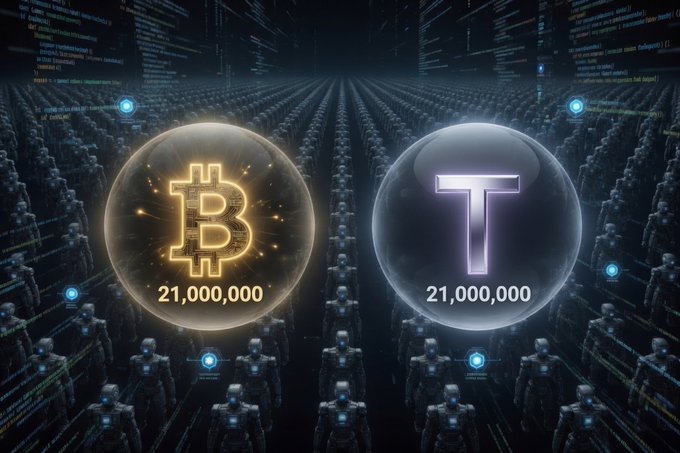 A digital graphic shows two spheres labeled 'Bitcoin' and 'Tether' with the number '21,000,000' below each, set against a background of robotic figures and code.