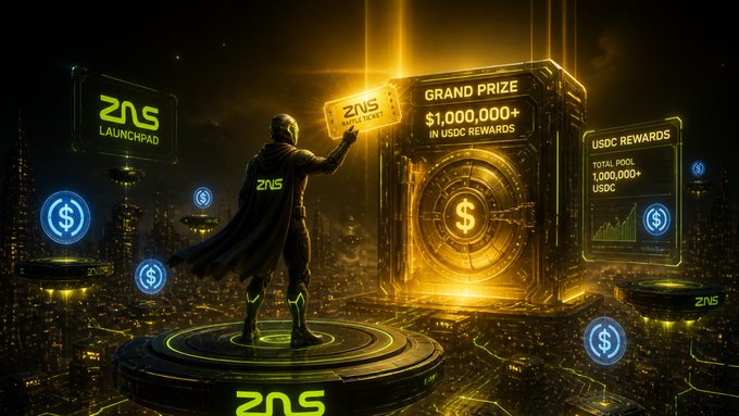A promotional graphic for 'ZNS' featuring a futuristic figure holding a 'RAFFLE TICKET' with text 'GRAND PRIZE $1,000,000+ IN USDC REWARDS' and 'TOTAL POOL 1,000,000+ USDC'.