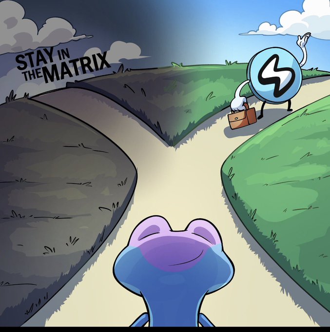 A cartoon image illustrating a crossroads with the text 'STAY IN THE MATRIX' on the left path, showing a blue frog character from behind at the fork, while a coin-like figure with a briefcase walks away on the right path toward a sunny landscape.