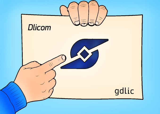 A cartoon illustration shows two hands holding a card displaying the GDIC cryptocurrency logo, with text reading 'Dlicom' and 'gdic.'