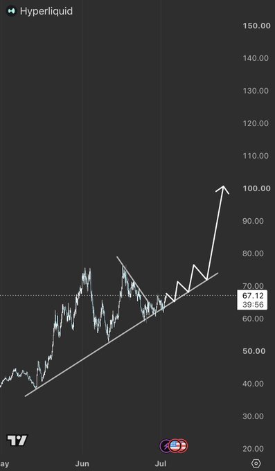 A Hyperliquid ($HYPE) price chart shows an ascending trendline with the current price at 67.12, highlighting a breakout pattern with a projected arrow pointing toward 100.00—visually reinforcing the bullish sentiment of the "$HYPE" post.