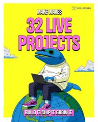 A yellow graphic with a dinosaur character in a hoodie using a laptop, advertising 'MAMAMOVES 32 LIVE PROJECTS' by Build.Ship.Grow.LP.