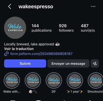 An Instagram profile page for 'wakespresso' showing 144 publications, 926 followers, and 487 followings, with the bio 'Locally brewed, lake approved' and a Jotform link.