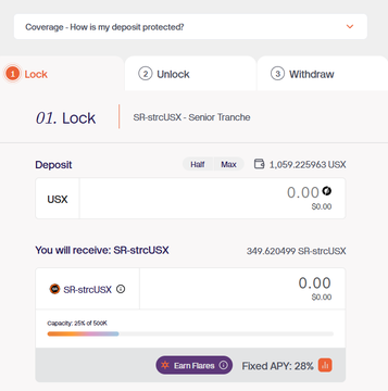A screenshot of a DeFi interface showing a 'Lock' step with options for SR-strcUSX - Senior Tranche, displaying deposit information with USX and SR-strcUSX fields, an 'Earn Fares' button, and a Fixed APY of 28%.