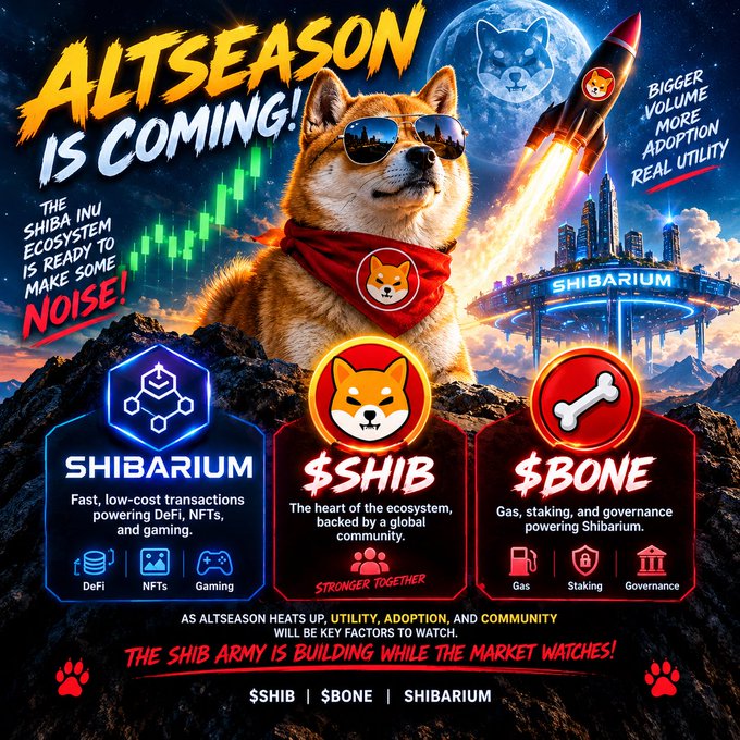 A promotional graphic featuring a Shiba Inu dog wearing sunglasses and a bandana with the SHIB logo, set against a cosmic backdrop with a rocket, moon, and futuristic Shibarium cityscape. The image highlights the Shib ecosystem ($SHIB, $BONE, and Shibarium) with sections detailing their utilities—DeFi/NFTs/Gaming, community support, and gas/staking/governance—while declaring "#ALTSEASON IS COMING" and "The Shib Army is building while the market watches!"