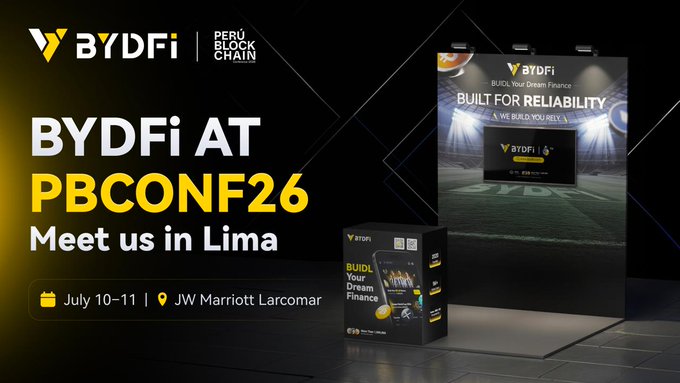 A promotional graphic for BYDFi's presence at the Perú Blockchain Conference 2026 (PBCONF26), held July 10–11, 2026 at JW Marriott Larcomar in Lima, Peru, featuring the BYDFi and Peru Block Chain logos alongside images of a "Built for Reliability" display booth and exclusive merchandise for attendees.
