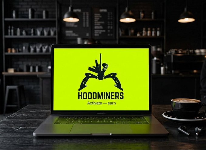 A laptop on a dark wooden table in a café setting, displaying a bright green screen with the "HOODMINERS" logo and the tagline "Activate — earn".