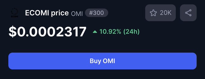 A price tracker shows ECOMI (OMI) at $0.00002317, up 10.92% in 24 hours, with the token ranked #300 and a "Buy OMI" button below. The image visually confirms the post's claim that $OMI has climbed to the #300 spot on CoinMarketCap while displaying its current price and notable daily gain.