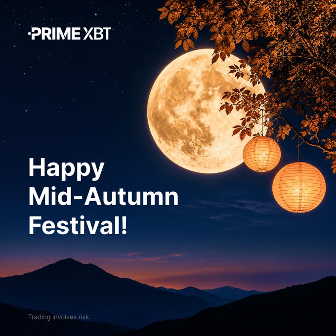 A nighttime landscape featuring a large full moon, silhouetted mountains, autumn foliage, and two glowing orange paper lanterns. The image includes the "PRIME XBT" logo in the top-left, the text "Happy Mid-Autumn Festival!" in white on the left, and a disclaimer "Trading involves risk." at the bottom.