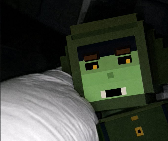 Minecraft-style zombie character lying in bed, covered with white sheets, with glowing yellow eyes.