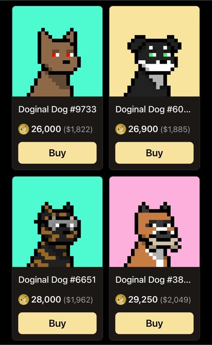 A marketplace interface displaying four 'Doginal Dog' NFT pixel art listings with prices ranging from $1,822 to $2,049.