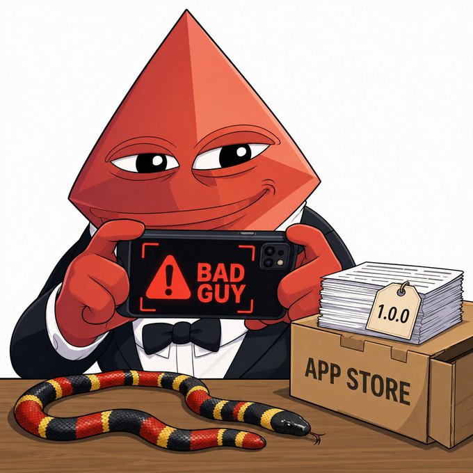 A red diamond-shaped character in a tuxedo smirks while holding a phone displaying "BAD GUY," with a coral snake, a stack of files tagged "1.0.0," and an "APP STORE" box on the table.

The image humorously illustrates the "good-guy-bad-guy" build log theme, with the "BAD GUY" phone screen and menacing snake capturing the mischievous underbelly of the otherwise wholesome App Store-ready v1.0.0 release across the clawd-* projects.