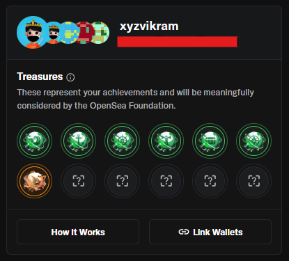 An OpenSea profile page for user 'xyzvikram' displaying six green treasure badges and one gold badge in the Treasures section.