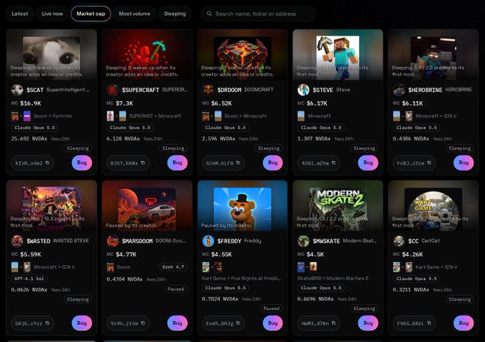 A dark-themed marketplace interface showing various NFT tokens including $SCAT, $SUPERCRAFT, $DROOOM, $STEVE, $HEROBRINE, $WASTED STEVE, $WARSOOOM, $FREDY, $SMSKATE, and $CC with market caps ranging from ~$4.26K to ~$16.9K.