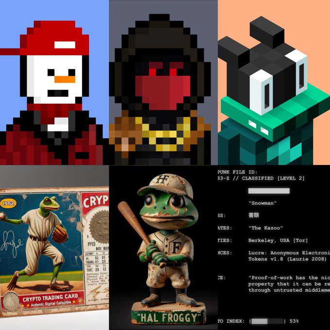 A collage of NFT-style artwork including pixel art characters (a snowman, a red-eyed figure, and a black bird-like creature), a "Crypto Trading Card" featuring an anthropomorphic frog baseball player, and a 3D figure labeled "HAL FROGGY" with metadata identifying it as "The Kazoo" from Berkeley, USA.