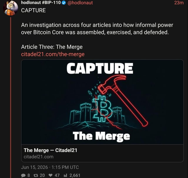 The image shows a screenshot of a Twitter post with a caption that reads "Capture: Article Three - The Merge (by Hodlonaut)". This caption suggests that there might be an article or information about the merge of two Bitcoin Core projects on the internet, and the user is interested in reading more.