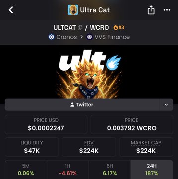 A cryptocurrency app screen displays "Ultra Cat" token (ULTCAT / WCRO) on Cronos via VVS Finance, showing a price of $0.0002247 USD, 0.003792 WCRO, with $47K liquidity and $224K FDV/Market Cap.