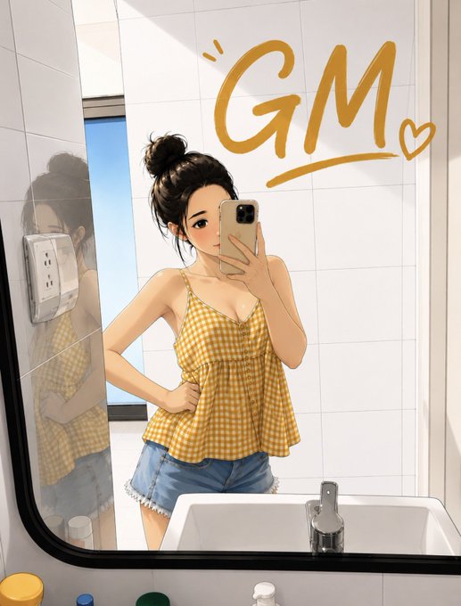 The image shows an illustrated anime-style woman taking a mirror selfie in a bathroom, wearing a yellow gingham top and denim shorts, with "GM♡" written in golden script above her. The "GM" (Good Morning) greeting and casual morning vibe match the post's message about starting a new day with coffee, working, and continuing to build.