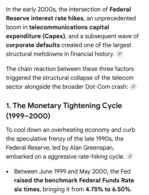 An article discusses the early 2000s telecom crash, highlighting how Federal Reserve interest rate hikes, telecom Capex boom, and corporate defaults caused a financial meltdown, detailing the Fed's rate-hiking cycle from June 1999 to May 2000.