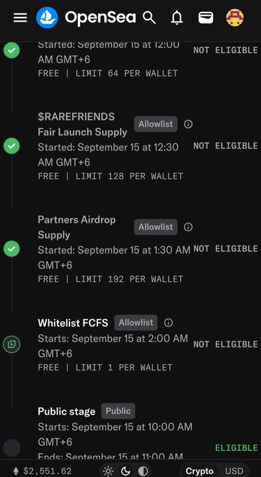 OpenSea screenshot showing NFT mint stages with timestamps including 'Fair Launch Supply', 'Partners Airdrop Supply', 'Whitelist FCFS', and 'Public stage' on September 15, with wallet balance of $2,551.62.