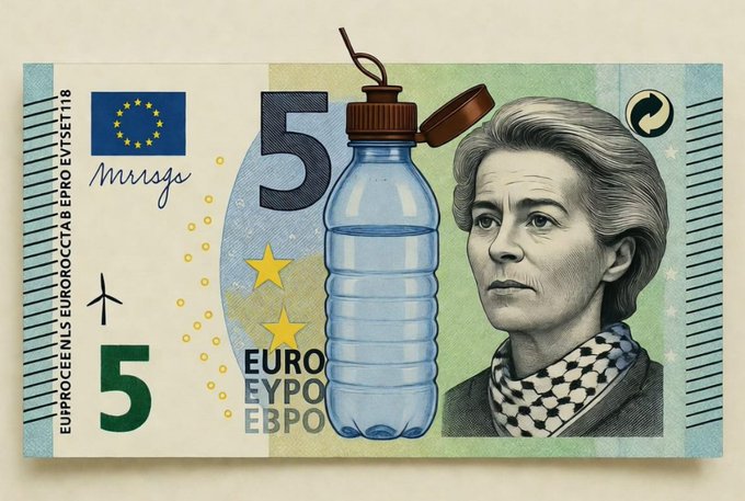 The image shows a customized 5 euro bill featuring a portrait of a woman wearing a checkered scarf, alongside a plastic water bottle with a string attached to its cap. Text on the bill includes "EURO," "EBPO," "EYPO," and the standard "5" denomination markings. The accompanying post "I have a suggestion:" suggests the image is being used to propose an idea, possibly related to sustainability, given the prominent water bottle imagery.