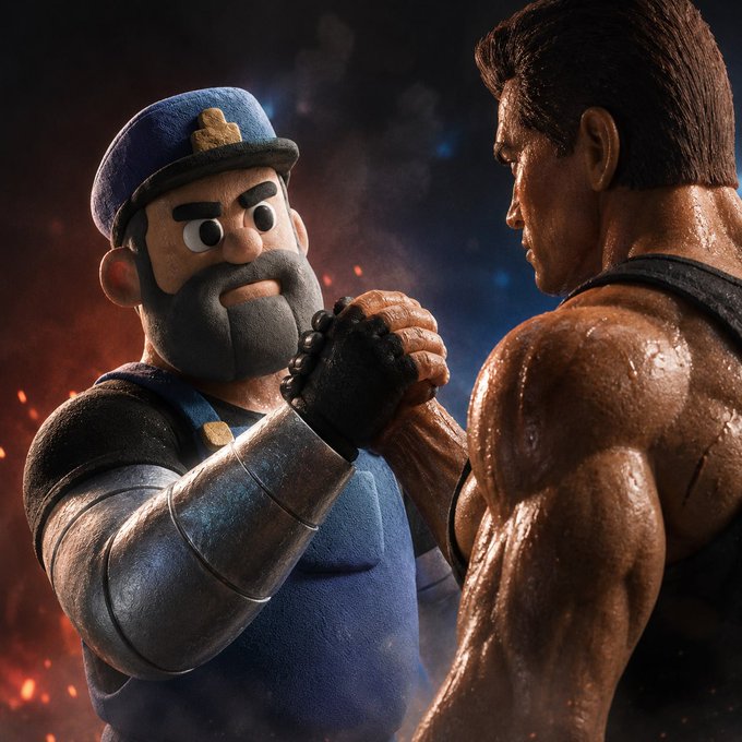 Two 3D-rendered figures—a cartoon-style captain and a muscular warrior resembling Rambo—clasp hands in a confrontation against a fiery backdrop.