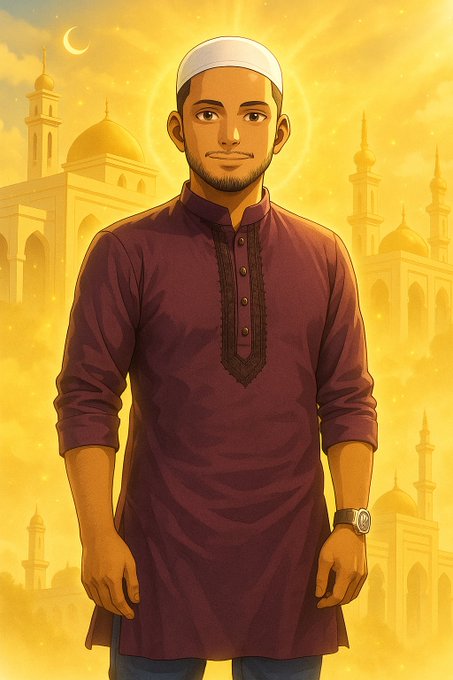 An anime-style illustration of a young man wearing a white kufi cap and a maroon kurta, standing in front of a golden sky with mosque silhouettes and a crescent moon.