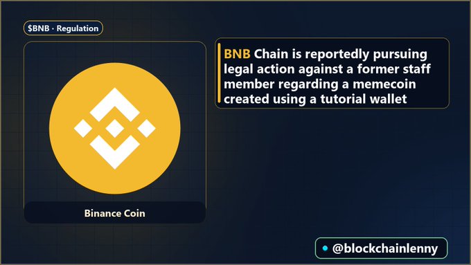 A crypto news graphic featuring the Binance Coin (BNB) logo with text: 'BNB Chain is reportedly pursuing legal action against a former staff member regarding a memecoin created using a tutorial wallet,' attributed to @blockchainlenny.