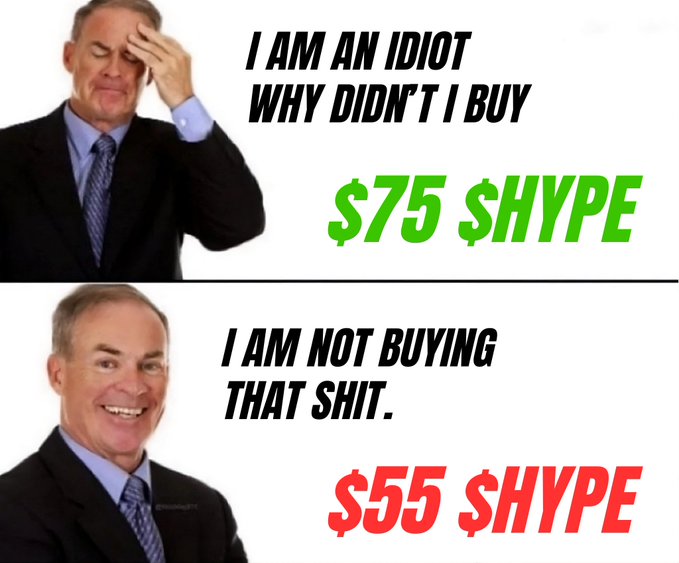 The image displays a collage of two posts related to an advertisement. In one post, there's a man wearing a suit with a blue tie, expressing his frustration about the high cost of $75 Sheype. The other post also shows a man in the same outfit, but it has been altered to display the text "I am not buying that shit." Below these posts, there is a caption saying "CT being CT once again hyperliquid is the ultimate IQ test". This suggests an artistic element to the collage, as well as a deeper meaning behind the images.